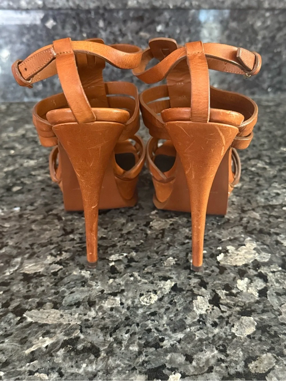 Saint Laurent Cognac Leather Strappy Platform Heels